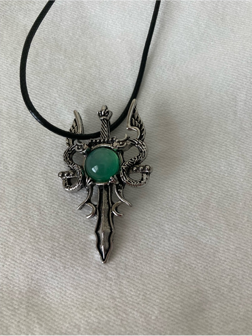 Silver Dragon Sword Pendant Necklace with Green Stone